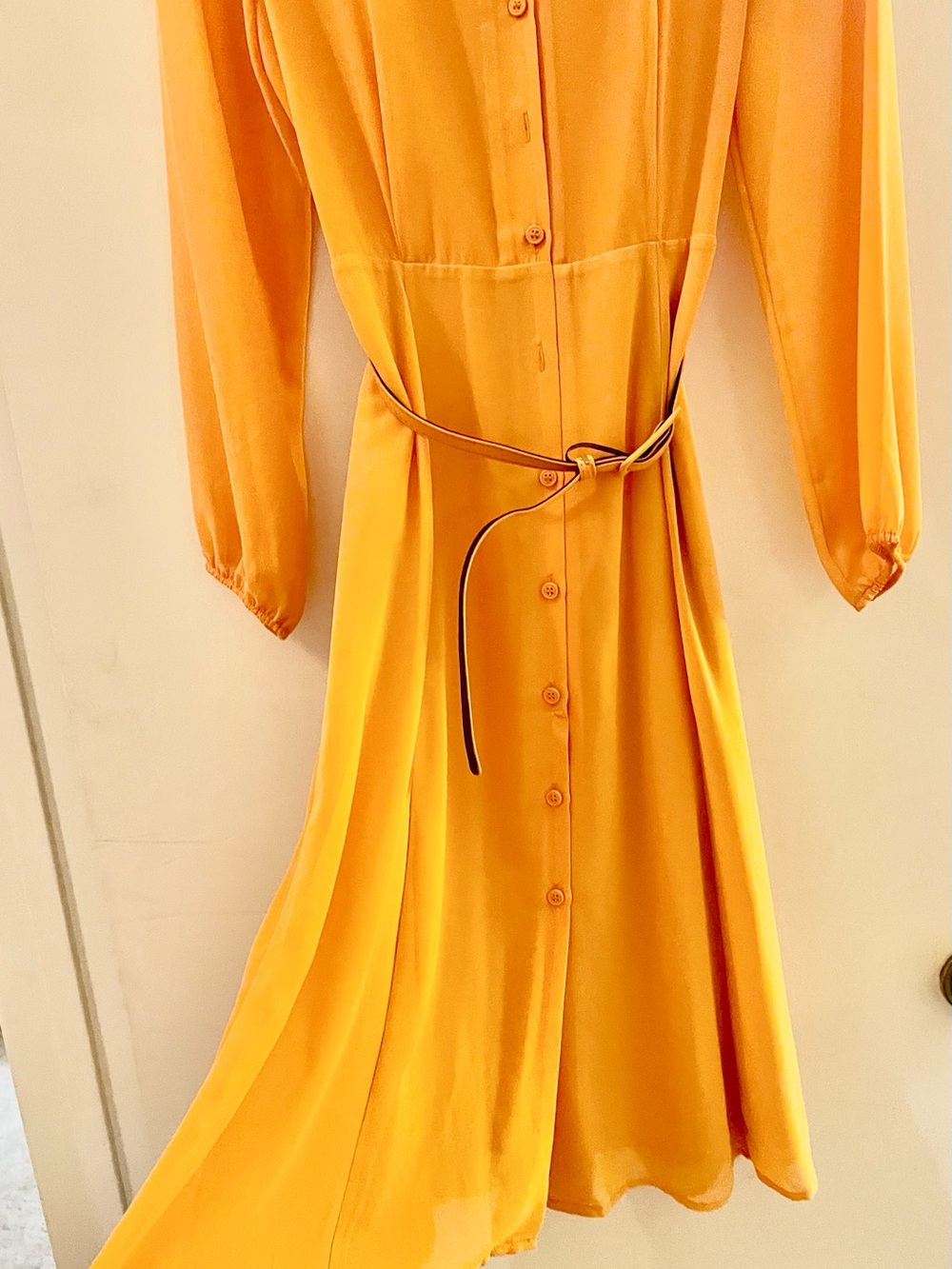 Eva Mendes Button-Front Tangerine Orange Long-Sleeve Dress with Waist Belt